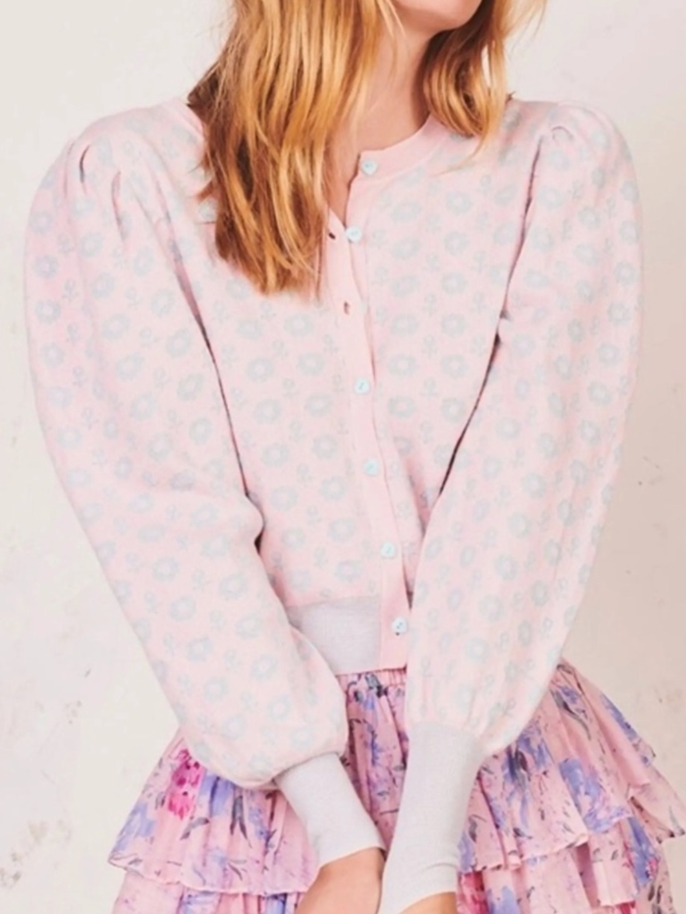 LoveShackFancy Larsen Cardigan Pink Blue Rose Knit
